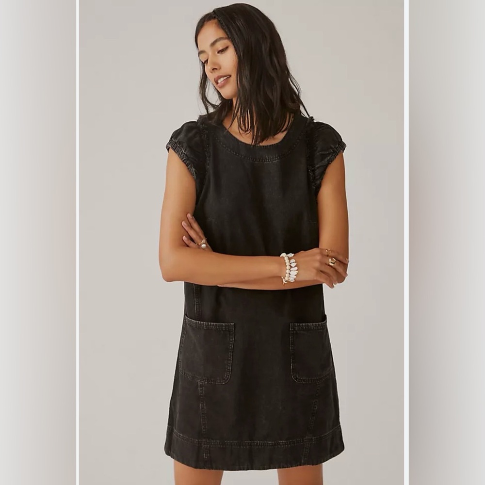 Anthropologie Pilcro Black Ruffle-Shoulder Utility Mini Dress Size 2